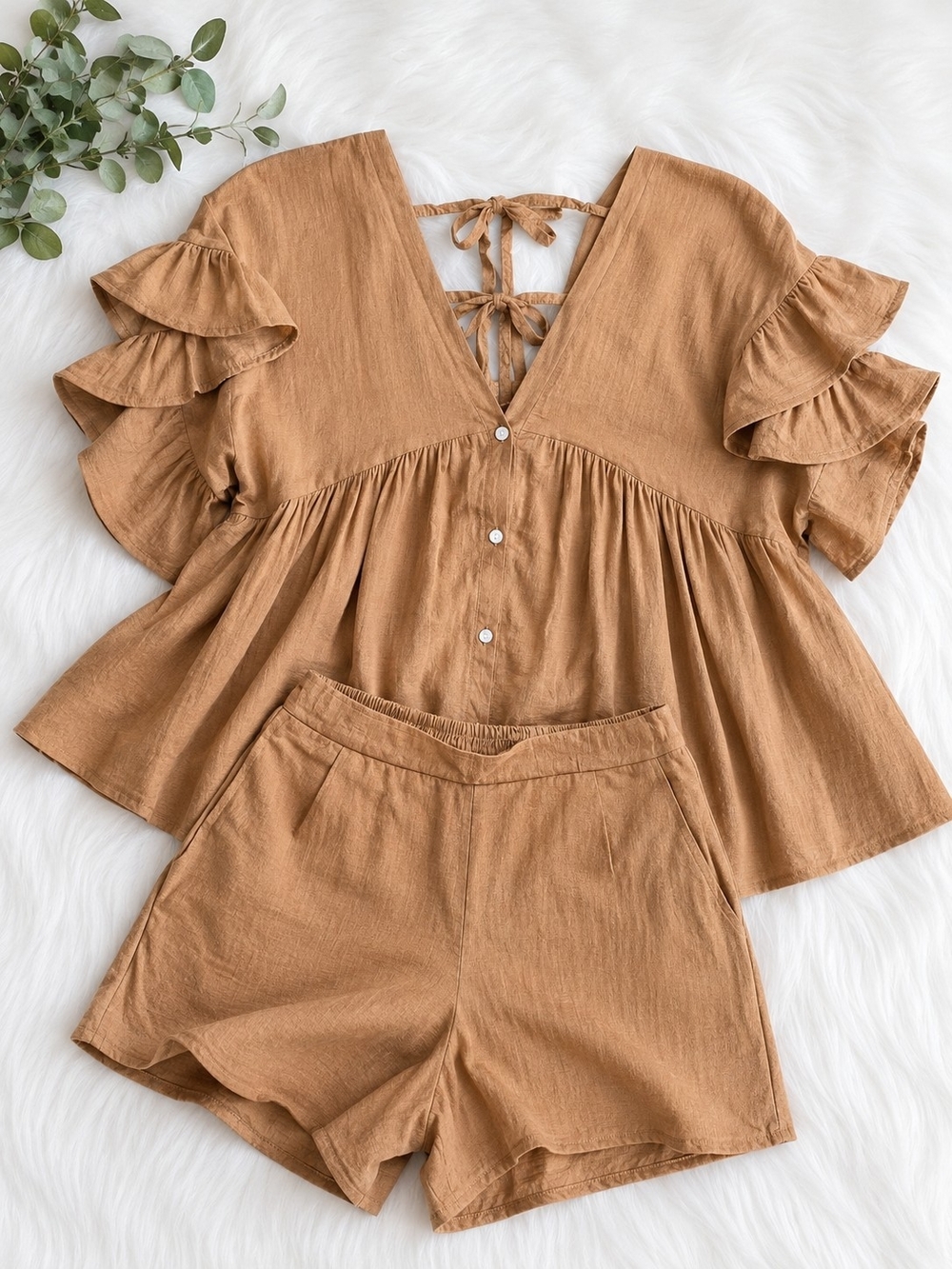 Casual Ruffle Sleeve V-Neck Top in Camel
